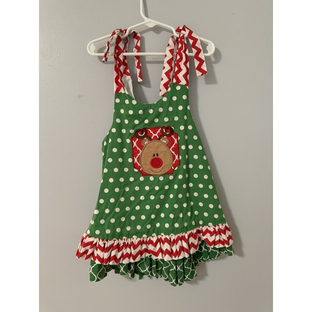 Christmas Holiday Tie Sleeve Reindeer Dress Homemade Size 3/4 (Need Repair)